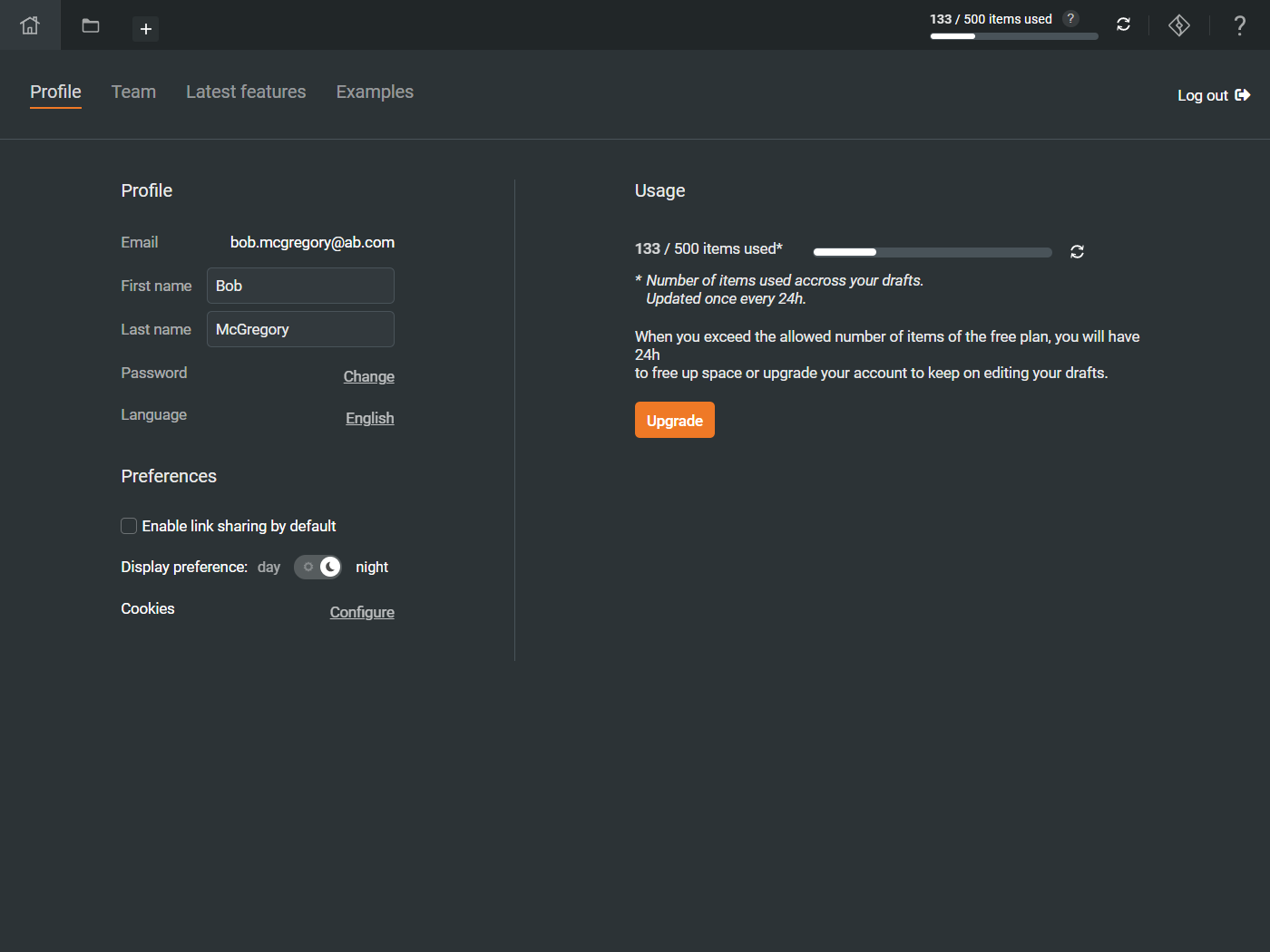 Draft.io - Profile page to upgrade account