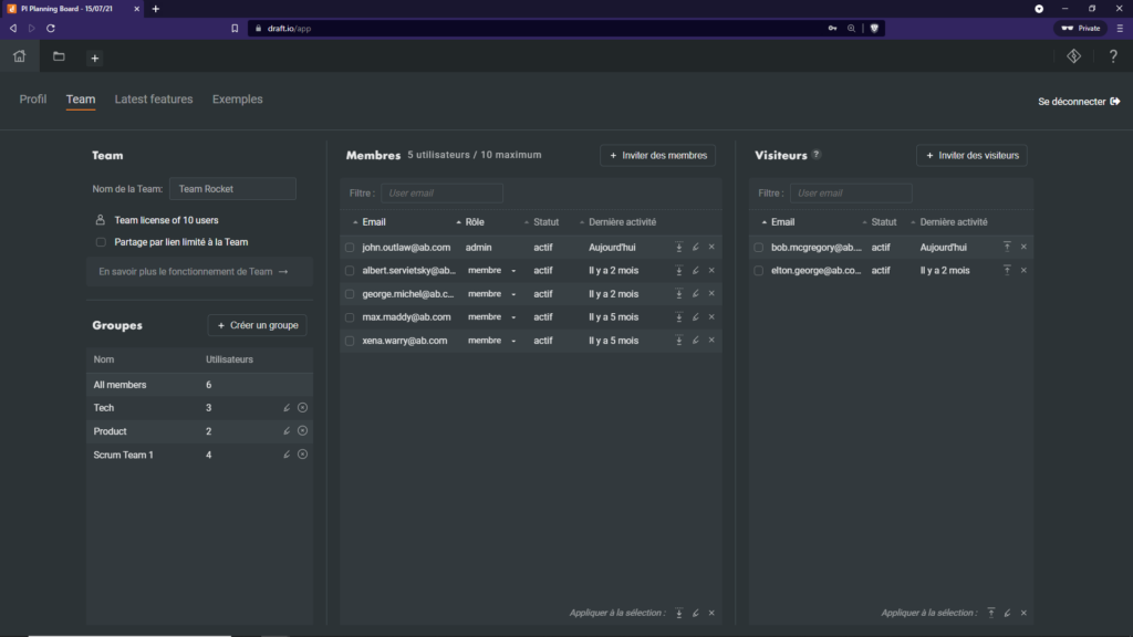Draft.io - Interface d'administration d'une team avec visiteurs