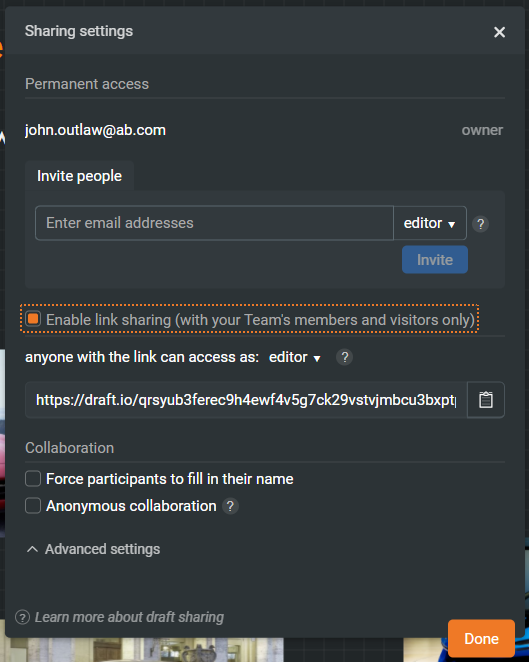 Draft.io - Draft share panel with the link sharing restricted to the team