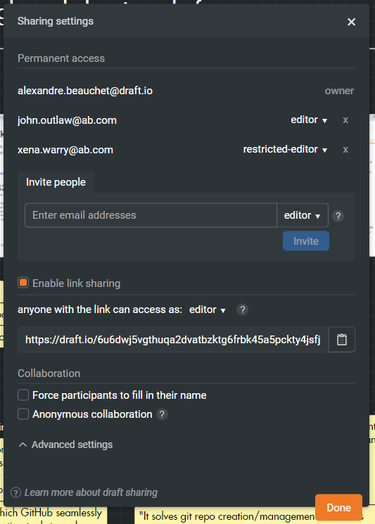 Draft.io - Share panel