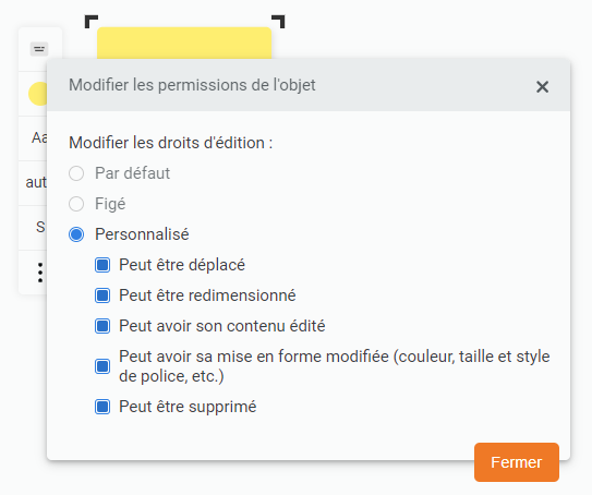 Draft.io - Panneau de configuration des permission d'un objet