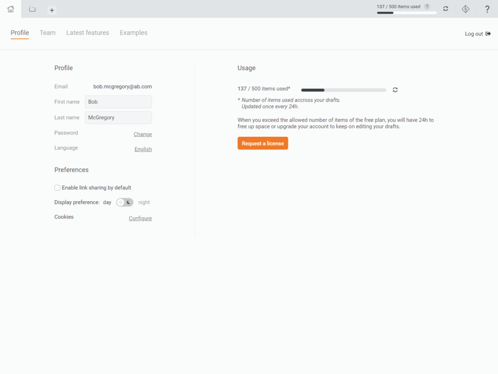 Draft.io - Help center - Profile page of free plan users
